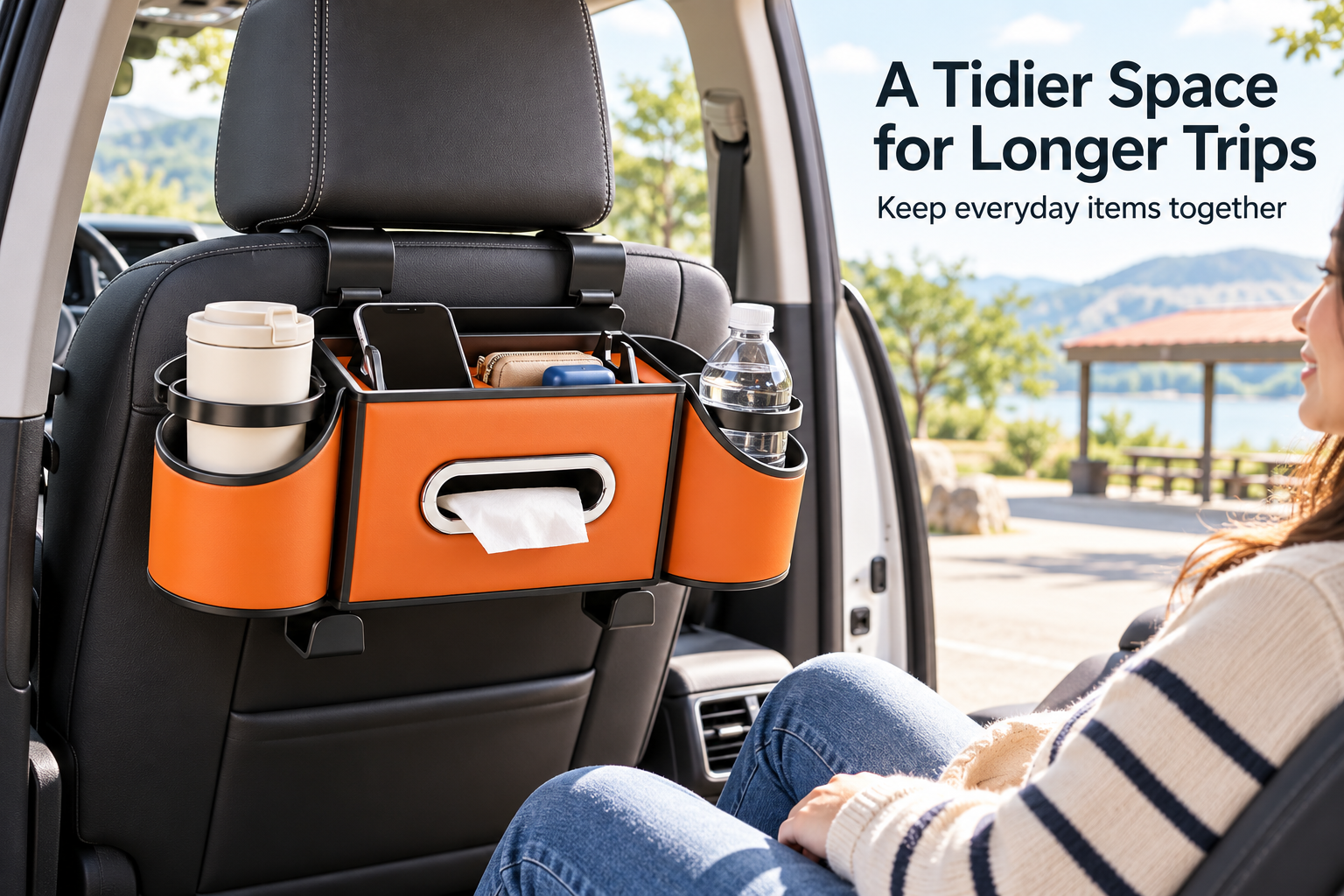 4-in-1 Car Seat Back Organizer for Rear Seat Storage – Dual Cup Holders, Tissue Dispenser, Phone Tray & Headrest Hooks for Travel image 2