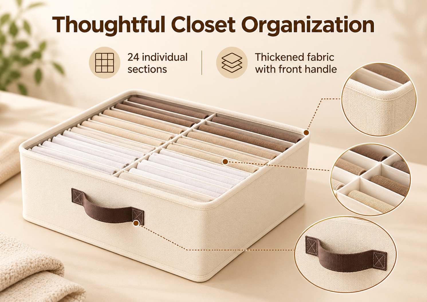 Foldable Wardrobe Organizer for Clothes & Pants – 16/24-Grid Storage Box with Dividers and Pull Handle for Closets, Gray or Beige image 1