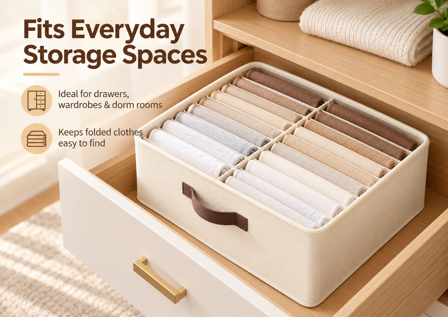 Foldable Wardrobe Organizer for Clothes & Pants – 16/24-Grid Storage Box with Dividers and Pull Handle for Closets, Gray or Beige image 2