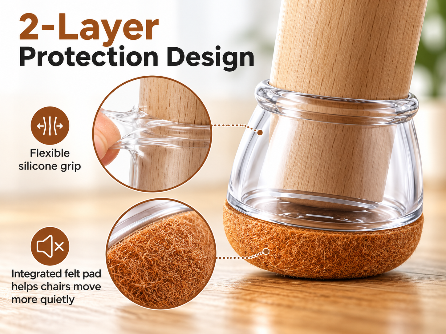 Round Silicone Chair Leg Caps for Floor Protection – 16 Pack Clear Non-Slip Furniture Feet Covers with Brown Felt Pads for Quiet Chair Movement image 1