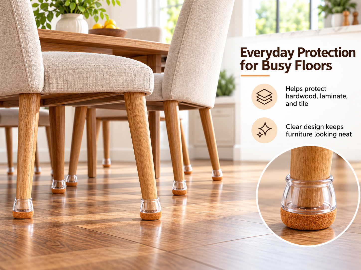 Round Silicone Chair Leg Caps for Floor Protection – 16 Pack Clear Non-Slip Furniture Feet Covers with Brown Felt Pads for Quiet Chair Movement image 2