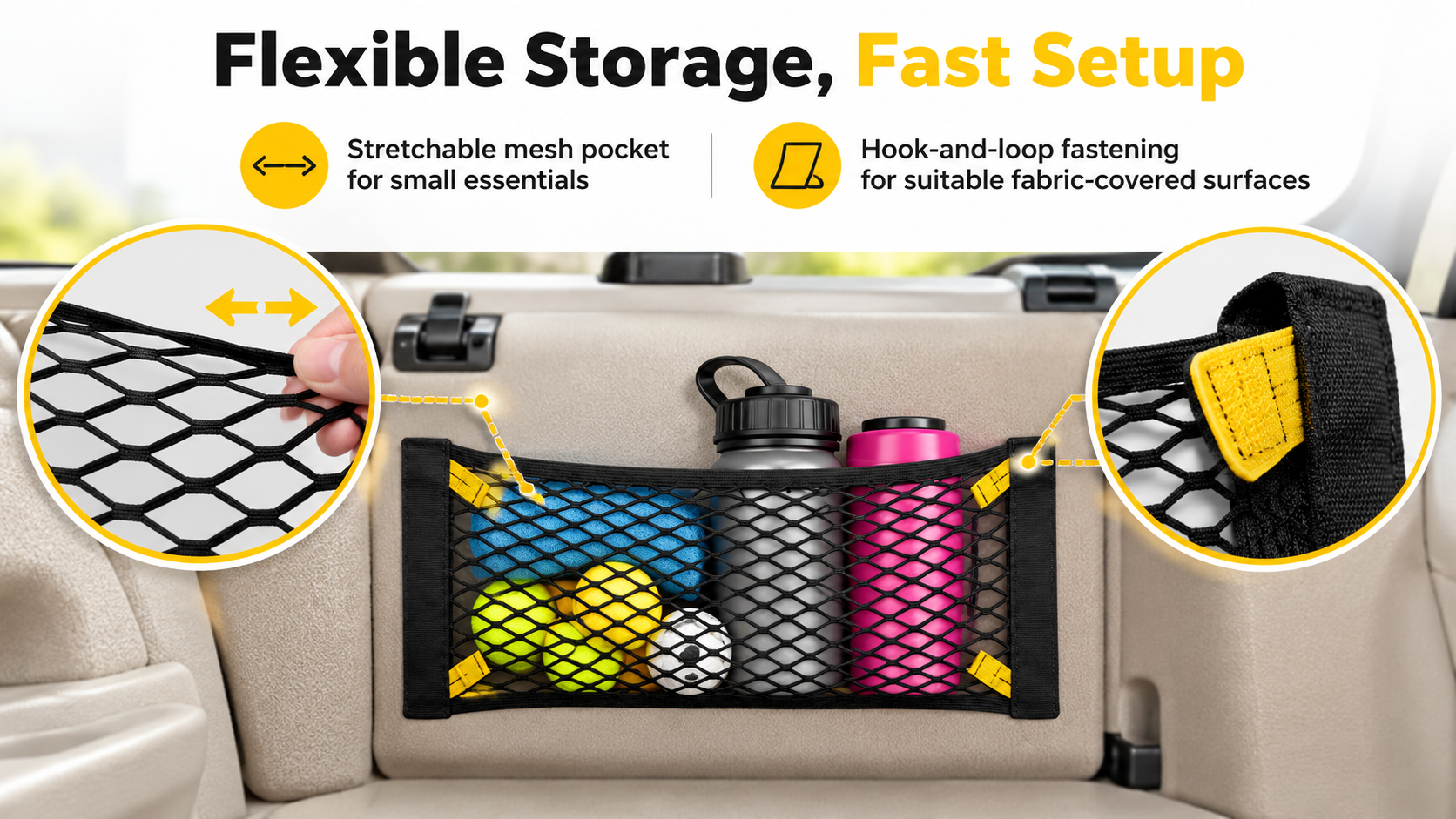 Car Trunk Mesh Organizer for Vehicle Storage – 23.62 x 9.84 Inch Elastic Cargo Net with Hook-and-Loop Fastener for Car Trunks & Seat Backs image 1