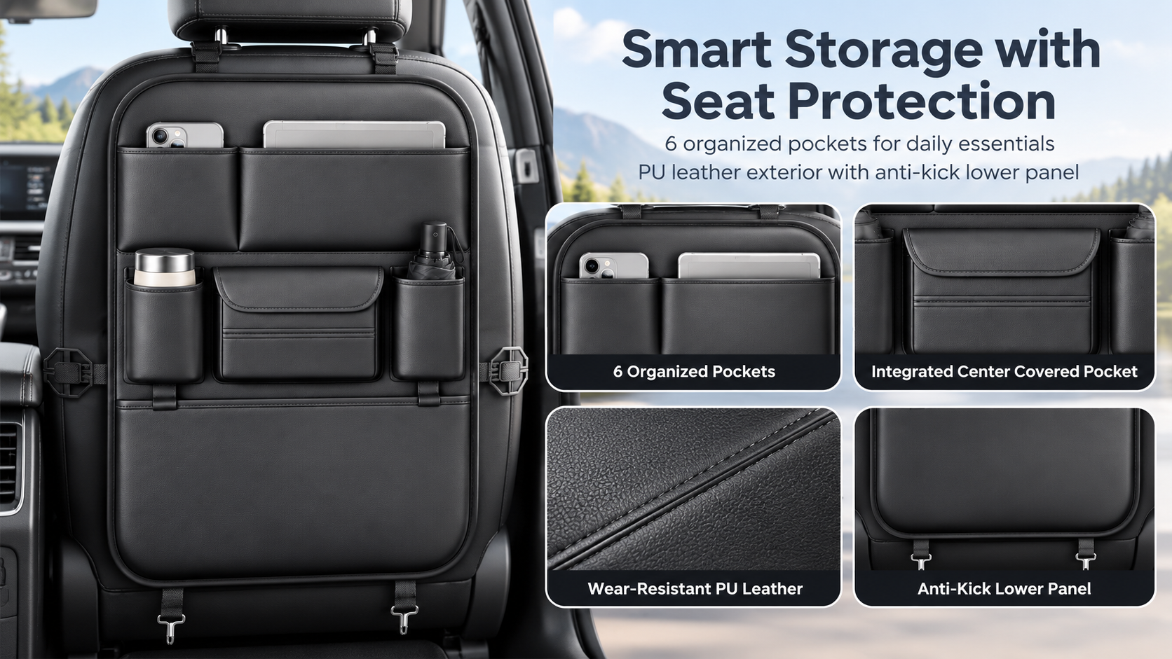 Car Seat Back Organizer for Rear Seat Storage – Black Nappa-Style Leather Tissue Holder with Multi-Pocket Design and Adjustable Straps for Travel image 1
