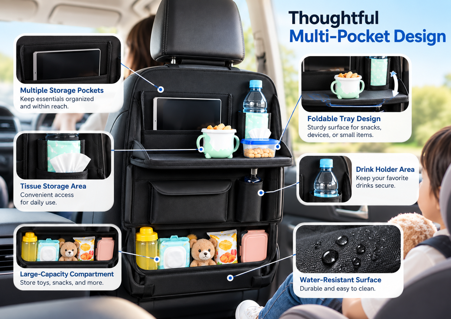 Car Seat Back Organizer for Rear Passenger Storage – Multi-Pocket Hanging Storage Bag with Foldable Tray, Cup Holders & Tissue Pockets for Travel image 1