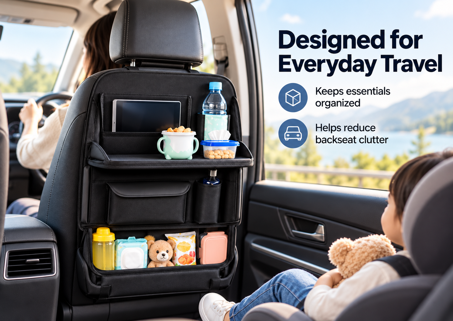 Car Seat Back Organizer for Rear Passenger Storage – Multi-Pocket Hanging Storage Bag with Foldable Tray, Cup Holders & Tissue Pockets for Travel image 2