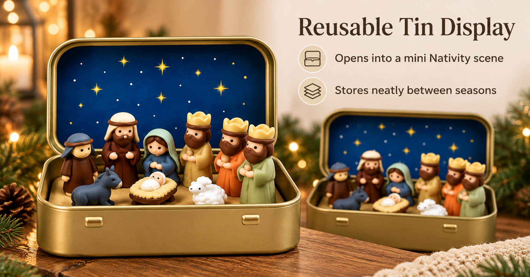 Mini Christmas Nativity Scene Set for Holiday Home Decor – 2 Pack Pocket-Size Manger Displays with Figurines in Decorative Metal Tins image 1
