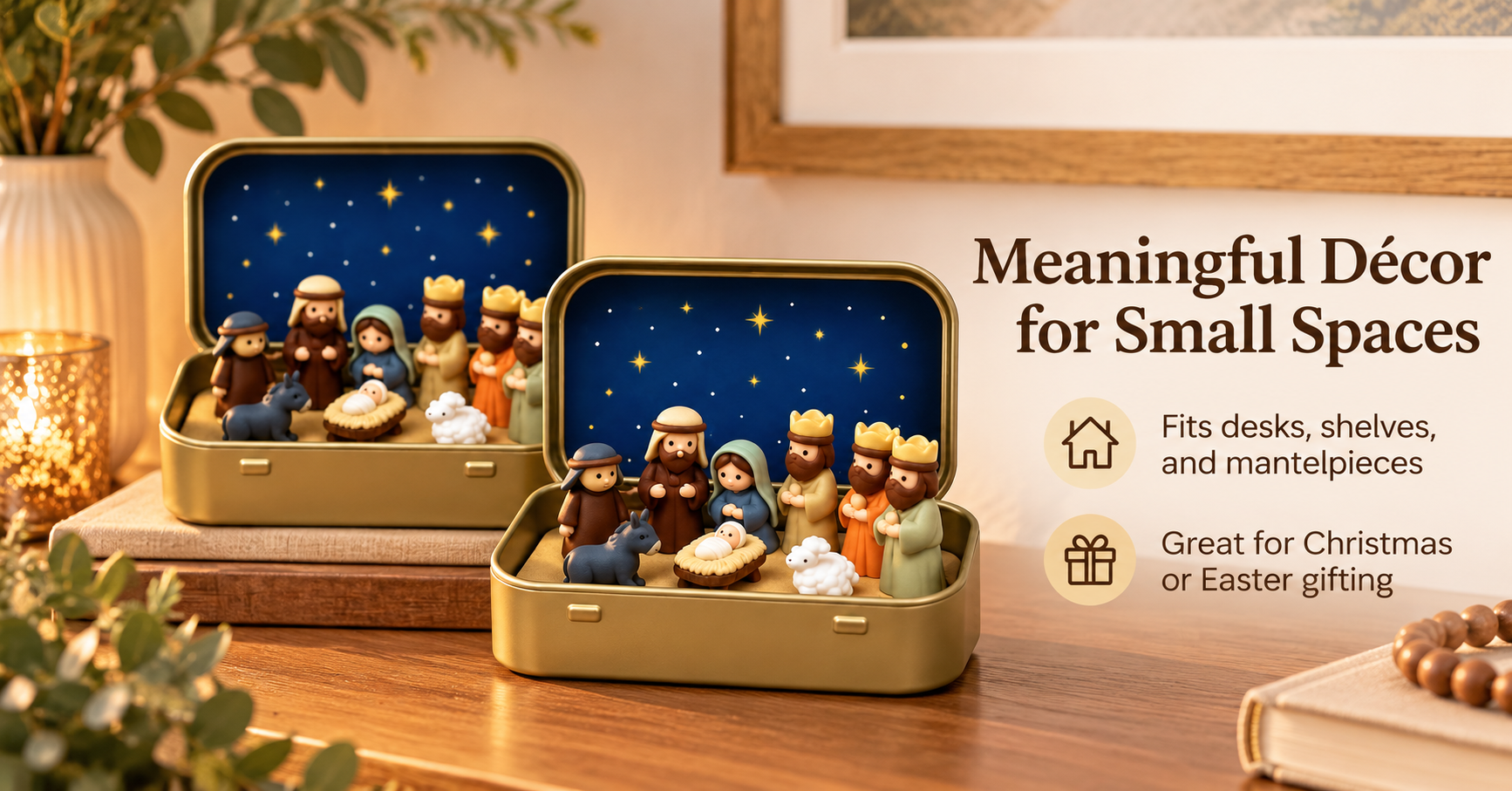 Mini Christmas Nativity Scene Set for Holiday Home Decor – 2 Pack Pocket-Size Manger Displays with Figurines in Decorative Metal Tins image 2