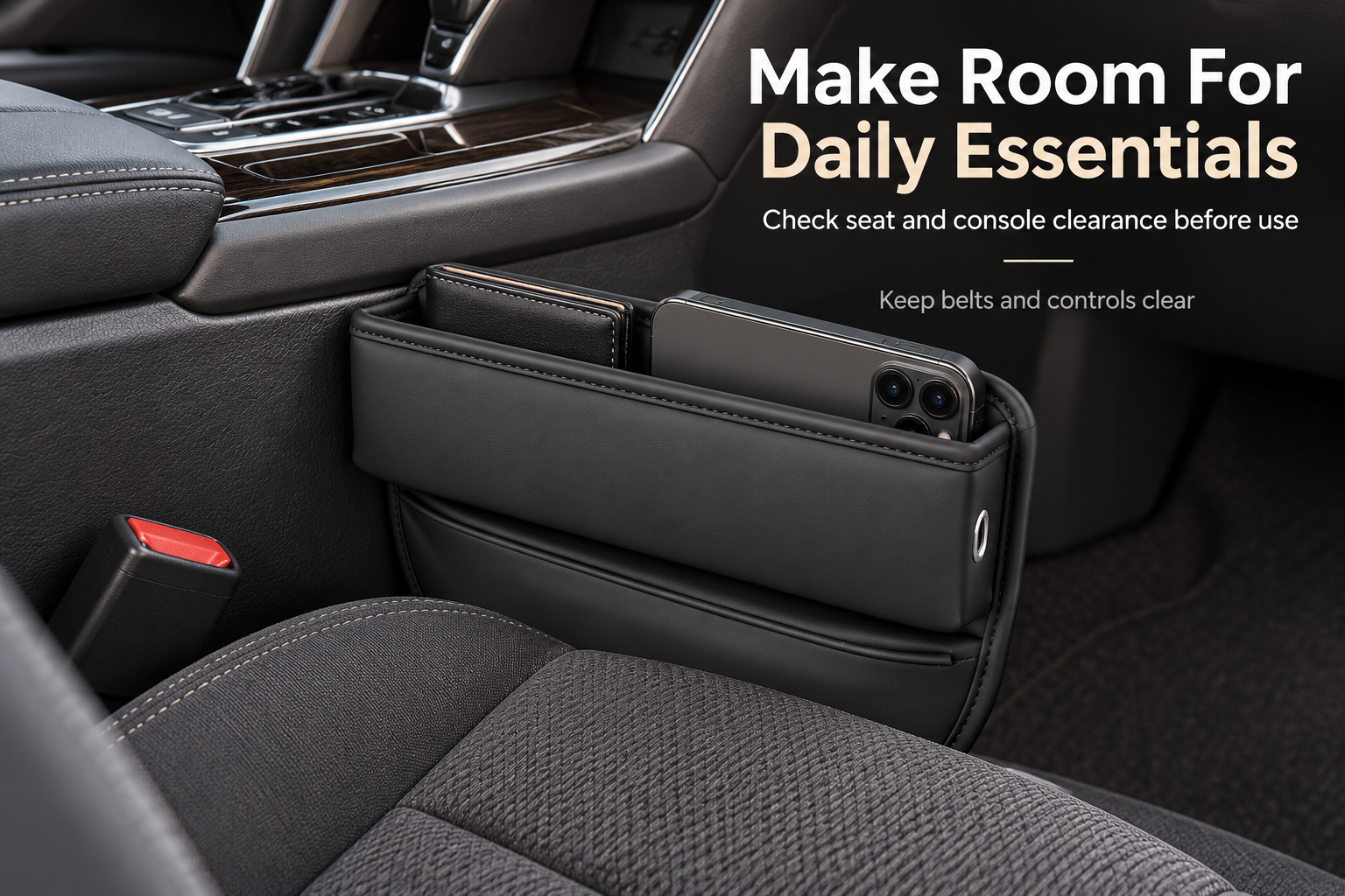 Car Seat Gap Organizer for Phones & Small Essentials – Black PU Leather Storage Pocket with Charging Cable Hole for Front Seat Organization image 2