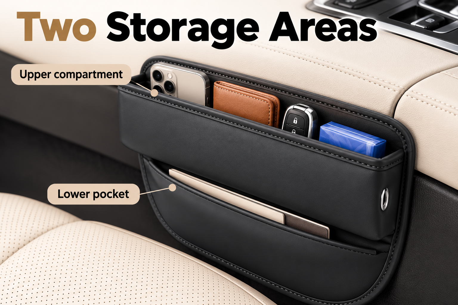 Car Seat Gap Organizer for Phones & Small Essentials – Black PU Leather Storage Pocket with Charging Cable Hole for Front Seat Organization image 1